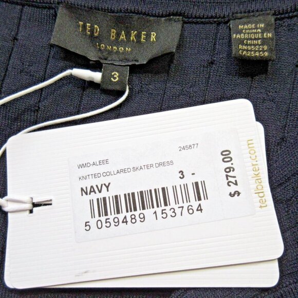 NWT Ted Baker Aleee in Navy Blue Belted Knit Collared Skater Dress 3 / US M $279 - Picture 7 of 11